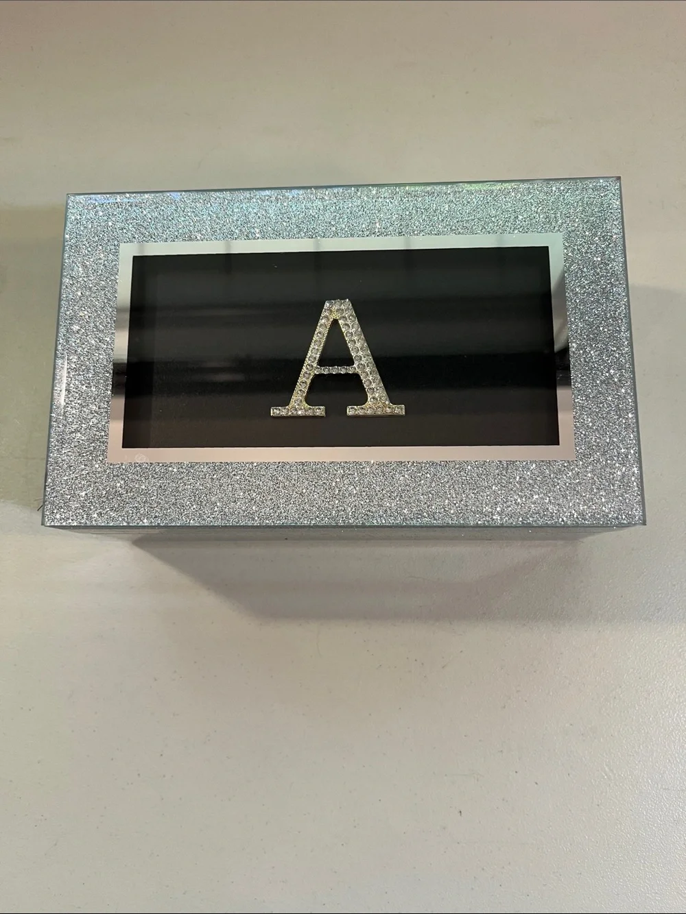 Glittered Silver Jewelry Box with Rhinestone 'A' Accent